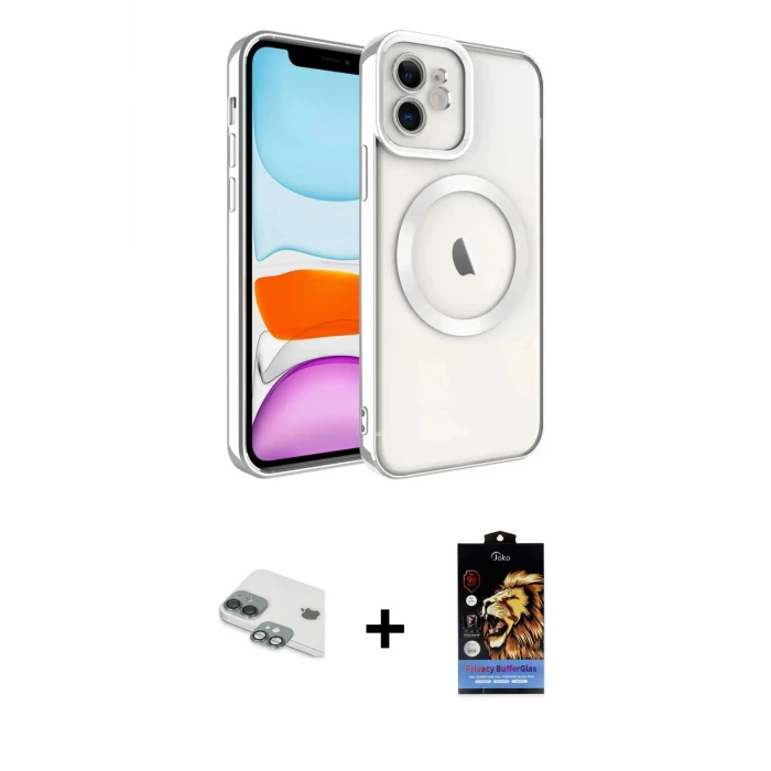 ieg™ iPhone 11 Kılıf Nova Işık Özel Seri - Siyah Buffer Hayalet Cam Ekran Koruyucu + Pers Alüminyum Kamera Lens - YL