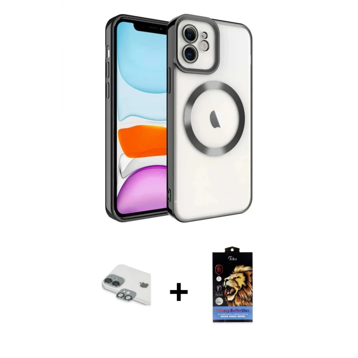 ieg™ iPhone 11 Kılıf Nova Işık Özel Seri - Siyah Buffer Hayalet Cam Ekran Koruyucu + Pers Alüminyum Kamera Lens - YL