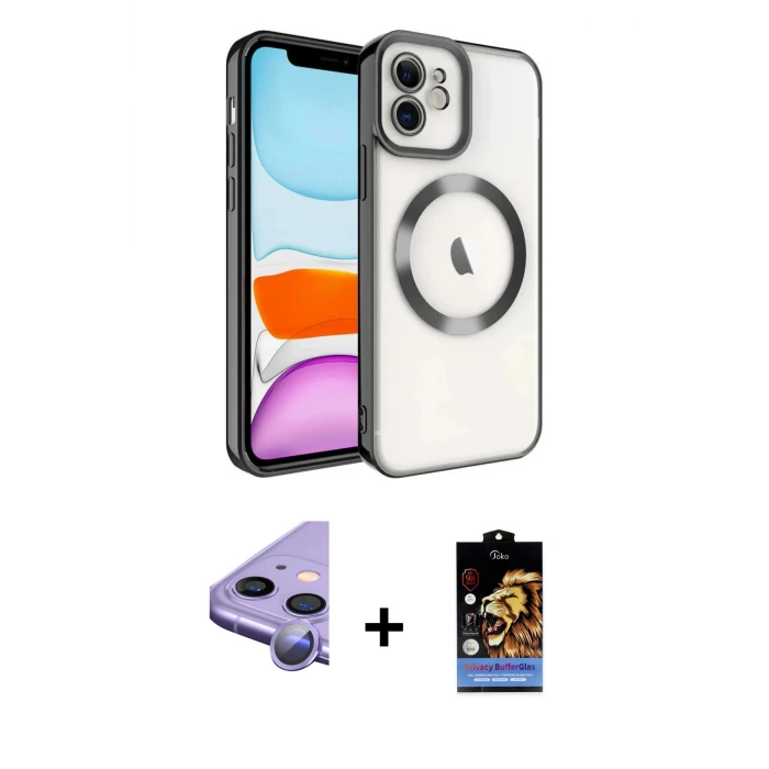 ieg™ iPhone 11 Kılıf Nova Işık Özel Seri - Siyah Buffer Hayalet Cam Ekran Koruyucu + Raze Metal Kamera Lens - MR