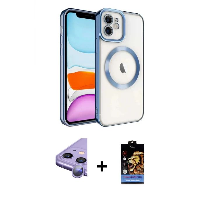 ieg™ iPhone 11 Kılıf Nova Işık Özel Seri - Siyah Buffer Hayalet Cam Ekran Koruyucu + Raze Metal Kamera Lens - MR