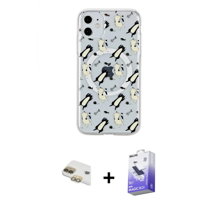 ieg™ iPhone 11 Kılıf Pusula Form - Siyah Bilvis 5in1 5D Magic Hayalet Cam Ekran Koruyucu + Pers Alüminyum Kamera Lens - GD