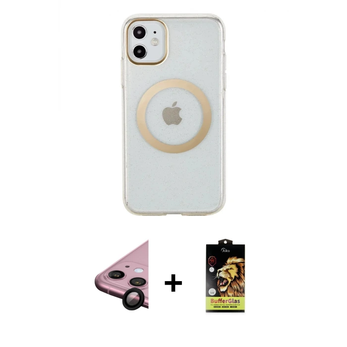 ieg™ iPhone 11 Kılıf Pusula Form - Siyah Buffer Cam Ekran Koruyucu + Raze Metal Kamera Lens - SH