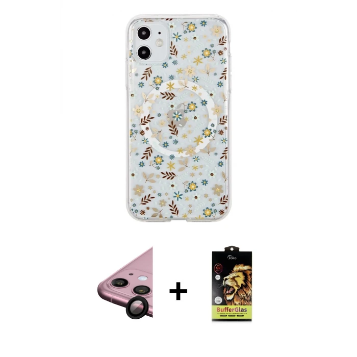 ieg™ iPhone 11 Kılıf Pusula Form - Siyah Buffer Cam Ekran Koruyucu + Raze Metal Kamera Lens - SH