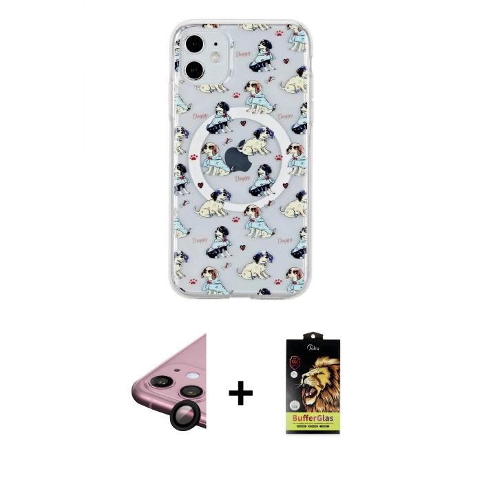 ieg™ iPhone 11 Kılıf Pusula Form - Siyah Buffer Cam Ekran Koruyucu + Raze Metal Kamera Lens - SH