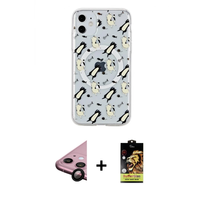 ieg™ iPhone 11 Kılıf Pusula Form - Siyah Buffer Cam Ekran Koruyucu + Raze Metal Kamera Lens - SH
