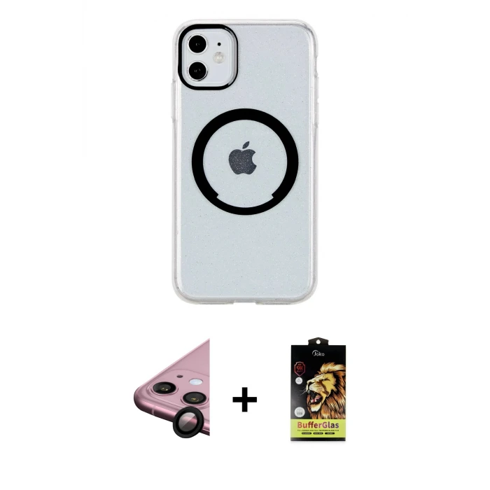 ieg™ iPhone 11 Kılıf Pusula Form - Siyah Buffer Cam Ekran Koruyucu + Raze Metal Kamera Lens - SH