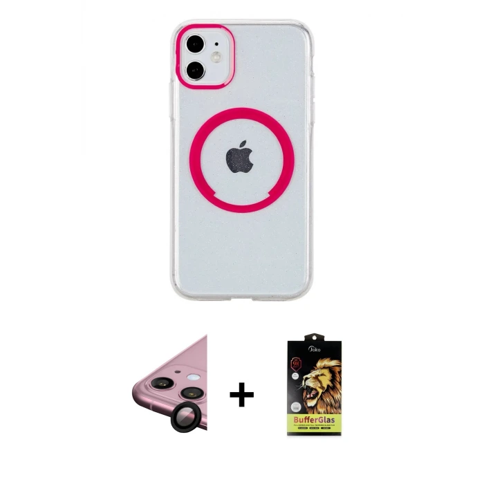 ieg™ iPhone 11 Kılıf Pusula Form - Siyah Buffer Cam Ekran Koruyucu + Raze Metal Kamera Lens - SH