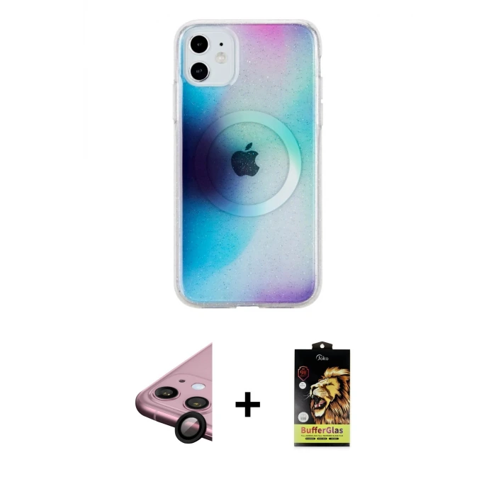 ieg™ iPhone 11 Kılıf Pusula Form - Siyah Buffer Cam Ekran Koruyucu + Raze Metal Kamera Lens - SH