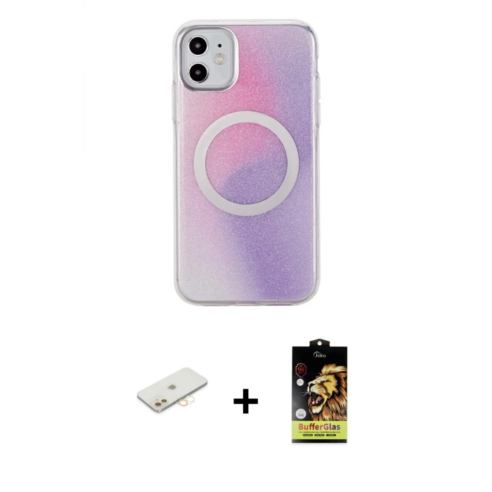 ieg™ iPhone 11 Kılıf Pusula Form - Siyah Buffer Cam Ekran Koruyucu + Renkli Kamera Lens Koruma Cam - SI