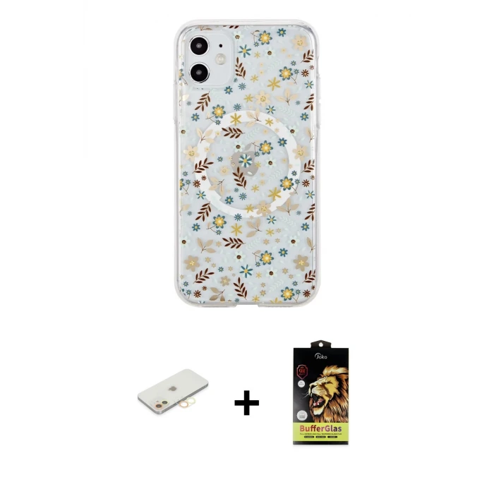 ieg™ iPhone 11 Kılıf Pusula Form - Siyah Buffer Cam Ekran Koruyucu + Renkli Kamera Lens Koruma Cam - SI