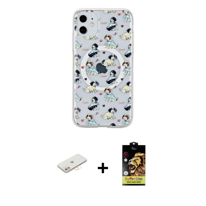 ieg™ iPhone 11 Kılıf Pusula Form - Siyah Buffer Cam Ekran Koruyucu + Renkli Kamera Lens Koruma Cam - SI