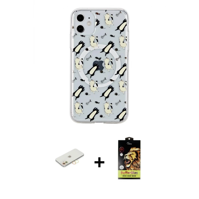 ieg™ iPhone 11 Kılıf Pusula Form - Siyah Buffer Cam Ekran Koruyucu + Renkli Kamera Lens Koruma Cam - SI