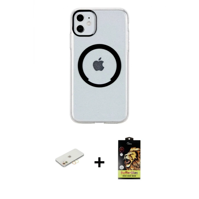 ieg™ iPhone 11 Kılıf Pusula Form - Siyah Buffer Cam Ekran Koruyucu + Renkli Kamera Lens Koruma Cam - SI