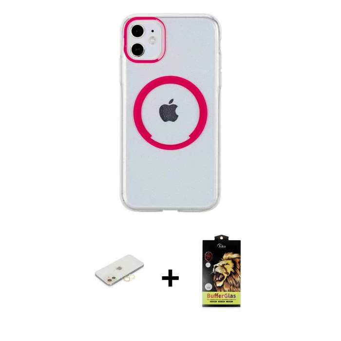 ieg™ iPhone 11 Kılıf Pusula Form - Siyah Buffer Cam Ekran Koruyucu + Renkli Kamera Lens Koruma Cam - SI