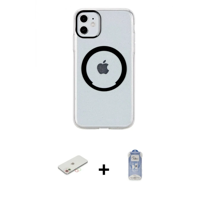 ieg™ iPhone 11 Kılıf Pusula Form - Siyah Joko Magic 5D Cam + Renkli Kamera Lens Koruma Cam - YL