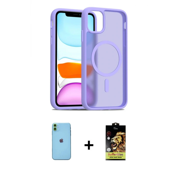 ieg™ iPhone 11 Kılıf Siluet Minimal Prime - Siyah Buffer Cam Ekran Koruyucu + Neon Fosforlu Kamera Lens - YL