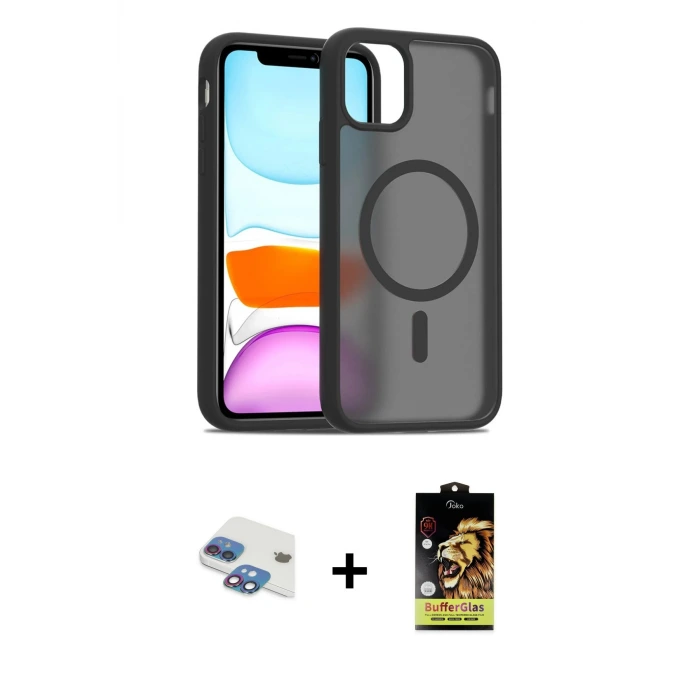 ieg™ iPhone 11 Kılıf Siluet Minimal Prime - Siyah Buffer Cam Ekran Koruyucu + Pers Alüminyum Kamera Lens - GI