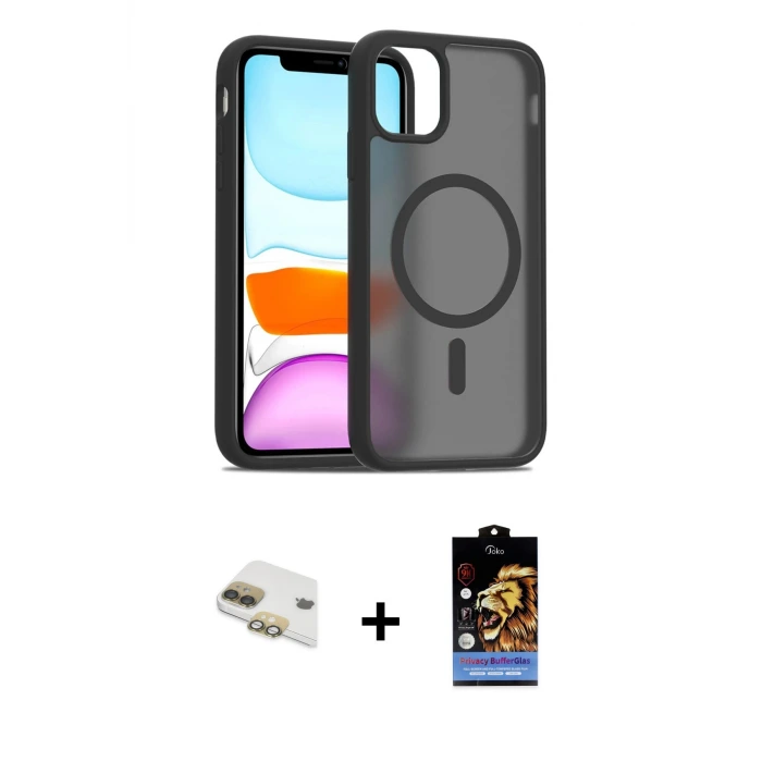 ieg™ iPhone 11 Kılıf Siluet Minimal Prime - Siyah Buffer Hayalet Cam Ekran Koruyucu + Pers Alüminyum Kamera Lens - GD