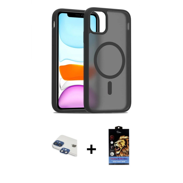 ieg™ iPhone 11 Kılıf Siluet Minimal Prime - Siyah Buffer Hayalet Cam Ekran Koruyucu + Pers Alüminyum Kamera Lens - LT