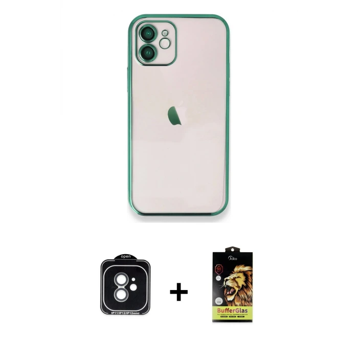 ieg™ iPhone 11 Kılıf Vadi Minimal - Siyah Buffer Cam Ekran Koruyucu + PVD Metal Kamera Lens - YL