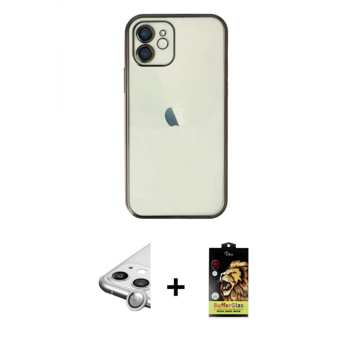 ieg™ iPhone 11 Kılıf Vadi Minimal - Siyah Buffer Cam Ekran Koruyucu + Raze Metal Kamera Lens - GS