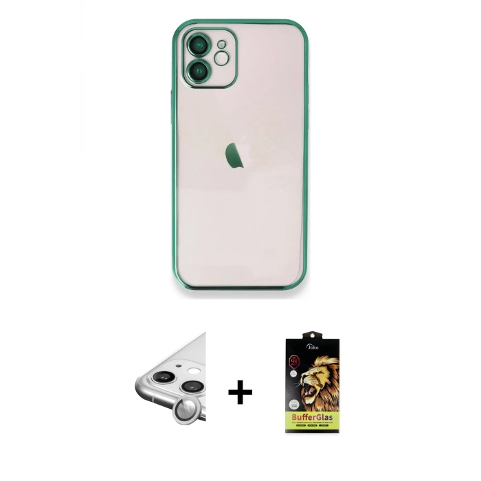 ieg™ iPhone 11 Kılıf Vadi Minimal - Siyah Buffer Cam Ekran Koruyucu + Raze Metal Kamera Lens - GS