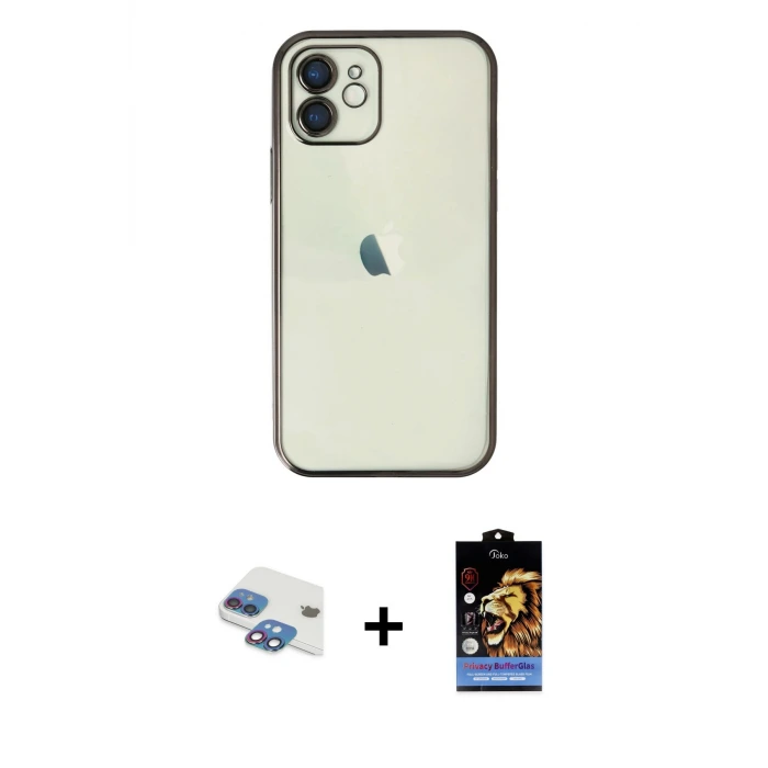 ieg™ iPhone 11 Kılıf Vadi Minimal - Siyah Buffer Hayalet Cam Ekran Koruyucu + Pers Alüminyum Kamera Lens - GI