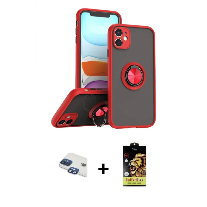 ieg™ iPhone 11 Kılıf Yörünge Çizgi - Siyah Buffer Cam Ekran Koruyucu + Pers Alüminyum Kamera Lens - LT