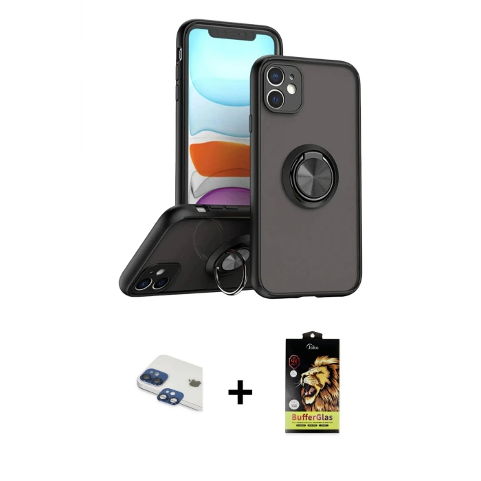 ieg™ iPhone 11 Kılıf Yörünge Çizgi - Siyah Buffer Cam Ekran Koruyucu + Pers Alüminyum Kamera Lens - LT