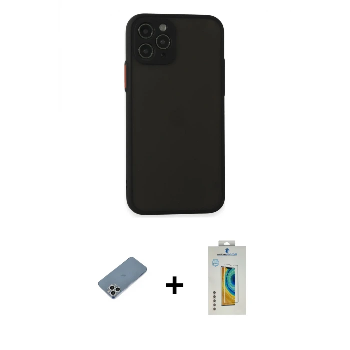 ieg™ iPhone 11 Pro Kılıf Ahenk Çizgi Serisi - Siyah Polymer Nano Ekran Koruyucu + Shine Kamera Lens Koruma Cam - GS