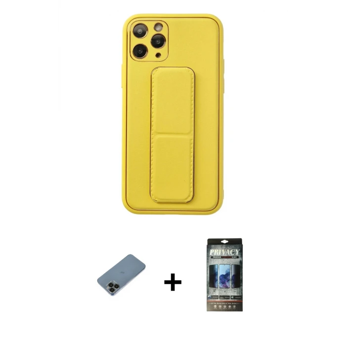 ieg™ iPhone 11 Pro Kılıf Akış Doku - Siyah 34D Hayalet Izgaralı Cam + Shine Kamera Lens Koruma Cam - SH