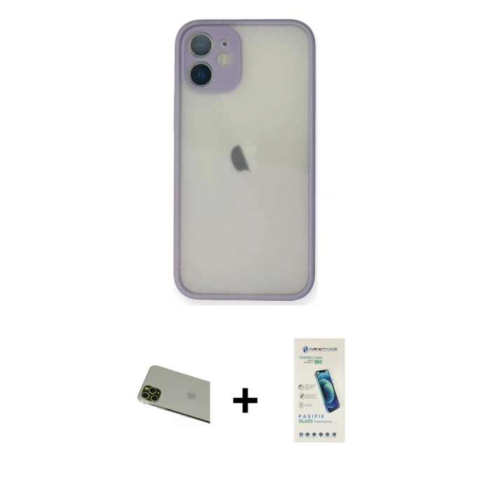 ieg™ iPhone 11 Pro Max Kılıf Ahenk Çizgi Serisi - Şeffaf Pasifik Cam Ekran Koruyucu + Rainbow Kamera Lens Koruma Cam - YL