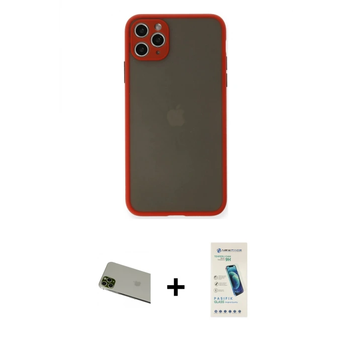 ieg™ iPhone 11 Pro Max Kılıf Ahenk Çizgi Serisi - Şeffaf Pasifik Cam Ekran Koruyucu + Rainbow Kamera Lens Koruma Cam - YL