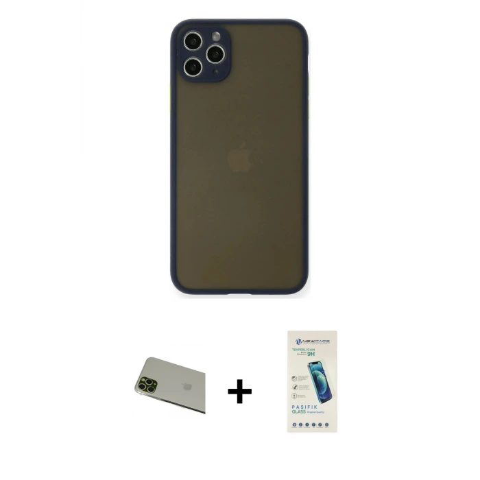 ieg™ iPhone 11 Pro Max Kılıf Ahenk Çizgi Serisi - Şeffaf Pasifik Cam Ekran Koruyucu + Rainbow Kamera Lens Koruma Cam - YL