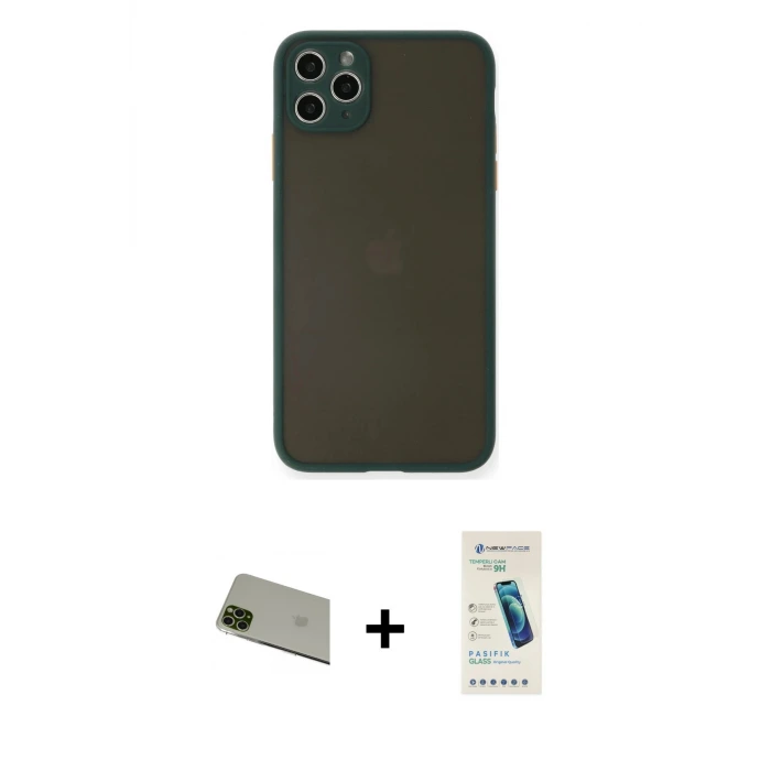 ieg™ iPhone 11 Pro Max Kılıf Ahenk Çizgi Serisi - Şeffaf Pasifik Cam Ekran Koruyucu + Rainbow Kamera Lens Koruma Cam - YL