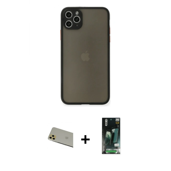 ieg™ iPhone 11 Pro Max Kılıf Ahenk Çizgi Serisi - Siyah 360 Mat Full Body Arka Koruyucu + Rainbow Kamera Lens Koruma Cam - GD