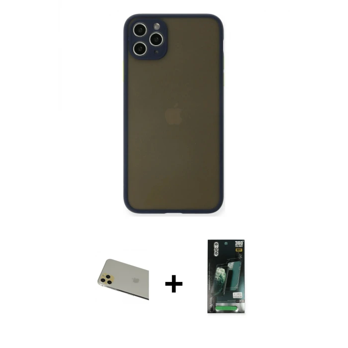 ieg™ iPhone 11 Pro Max Kılıf Ahenk Çizgi Serisi - Siyah 360 Mat Full Body Arka Koruyucu + Rainbow Kamera Lens Koruma Cam - GD