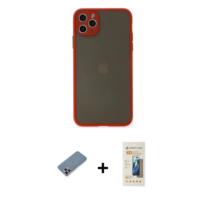 ieg™ iPhone 11 Pro Max Kılıf Ahenk Çizgi Serisi - Siyah 6D Mat Seramik Hayalet Nano Ekran Koruyucu + Metal Kamera Lens Koruma Cam - MR