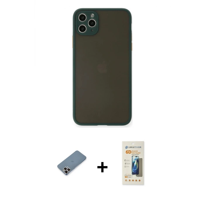 ieg™ iPhone 11 Pro Max Kılıf Ahenk Çizgi Serisi - Siyah 6D Mat Seramik Hayalet Nano Ekran Koruyucu + Metal Kamera Lens Koruma Cam - MR