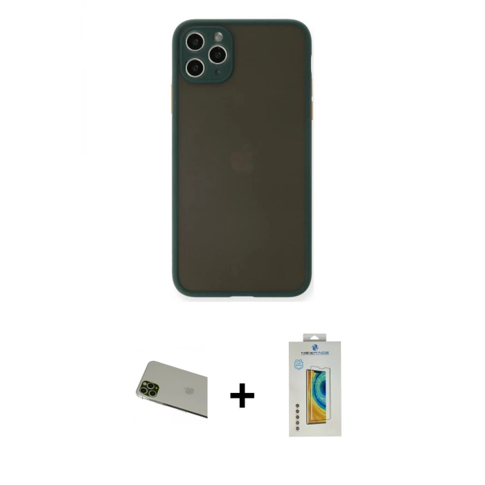 ieg™ iPhone 11 Pro Max Kılıf Ahenk Çizgi Serisi - Siyah Polymer Nano Ekran Koruyucu + Rainbow Kamera Lens Koruma Cam - YL