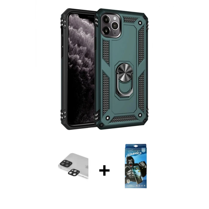 ieg™ iPhone 11 Pro Max Kılıf Ahenk Klasik Koleksiyonu - Siyah 34D Izgaralı Cam + Pers Alüminyum Kamera Lens - SH