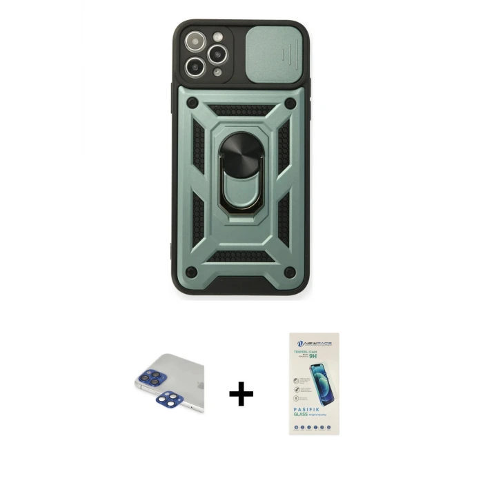 ieg™ iPhone 11 Pro Max Kılıf Ahenk Klasik - Şeffaf Pasifik Cam Ekran Koruyucu + Pers Alüminyum Kamera Lens - LT