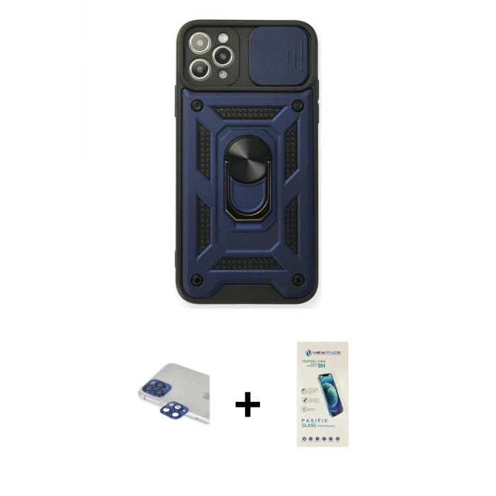 ieg™ iPhone 11 Pro Max Kılıf Ahenk Klasik - Şeffaf Pasifik Cam Ekran Koruyucu + Pers Alüminyum Kamera Lens - LT