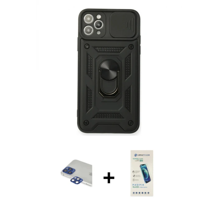 ieg™ iPhone 11 Pro Max Kılıf Ahenk Klasik - Şeffaf Pasifik Cam Ekran Koruyucu + Pers Alüminyum Kamera Lens - LT