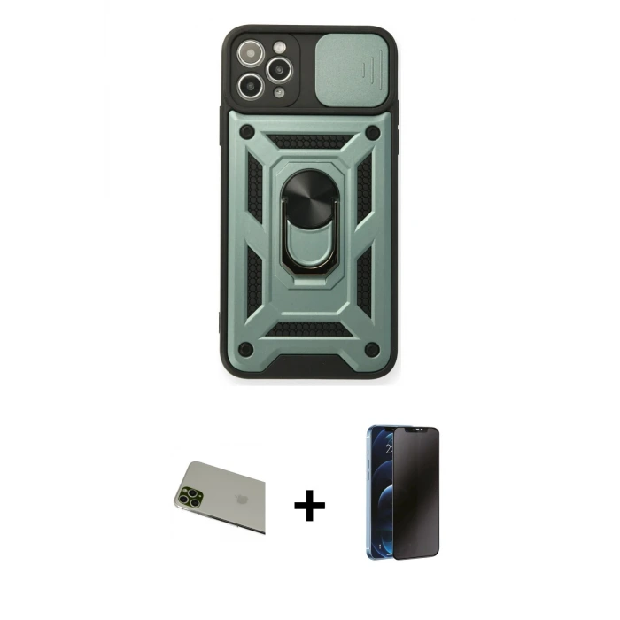 ieg™ iPhone 11 Pro Max Kılıf Ahenk Klasik - Siyah 3D Antistatik Hayalet Cam Ekran Koruyucu + Rainbow Kamera Lens Koruma Cam - YL