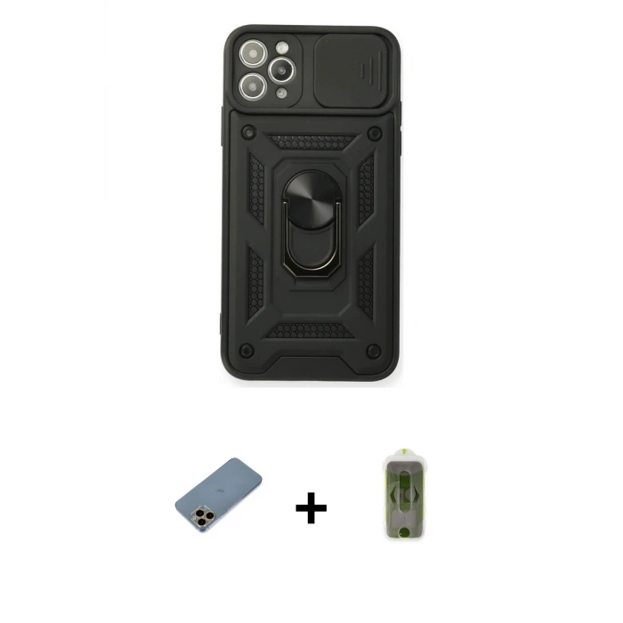 ieg™ iPhone 11 Pro Max Kılıf Ahenk Klasik - Siyah Joko Magic 5D Hayalet Cam + Shine Kamera Lens Koruma Cam - GD
