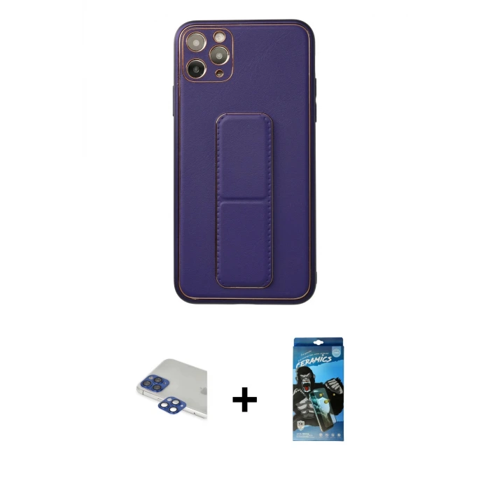 ieg™ iPhone 11 Pro Max Kılıf Akış Doku - Siyah 34D Izgaralı Cam + Pers Alüminyum Kamera Lens - LT