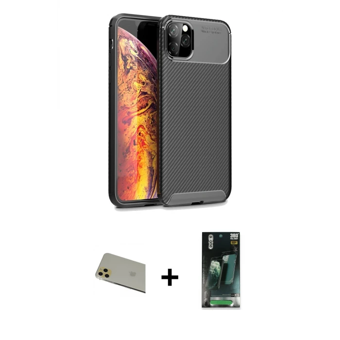 ieg™ iPhone 11 Pro Max Kılıf Eksen Form Prime - Şeffaf 360 Full Body Arka Koruyucu + Rainbow Kamera Lens Koruma Cam - GD