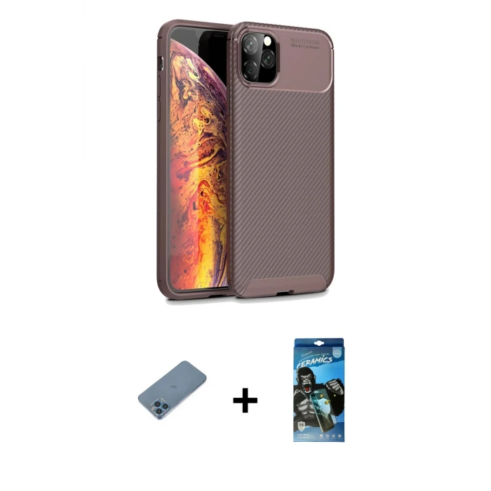 ieg™ iPhone 11 Pro Max Kılıf Eksen Form Prime - Siyah 34D Izgaralı Cam + Shine Kamera Lens Koruma Cam - MI
