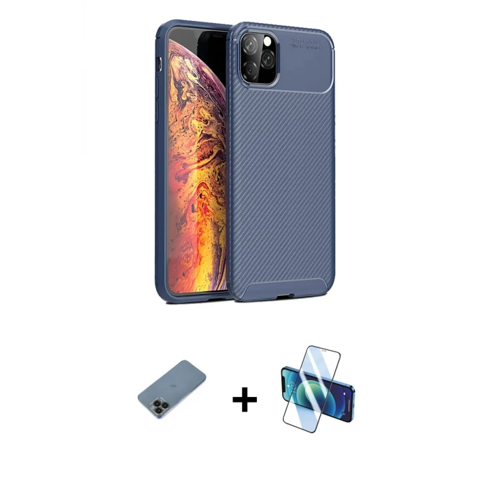 ieg™ iPhone 11 Pro Max Kılıf Eksen Form Prime - Siyah 3D Antistatik Seramik Nano Ekran Koruyucu + Shine Kamera Lens Koruma Cam - SH